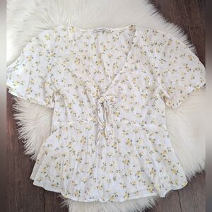 Abercrombie & Fitch White Yellow Floral Print Tie Front Peplum Top Short Sleeve
